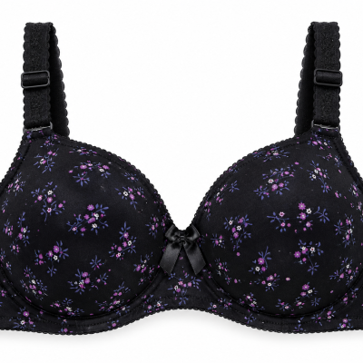 Navy Blue Floral Print Padded Bra for Women – Adjustable Straps with Decorative Bow