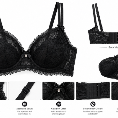 Black Lace Blouse-Style Bra – Elegant Floral Lace Design
